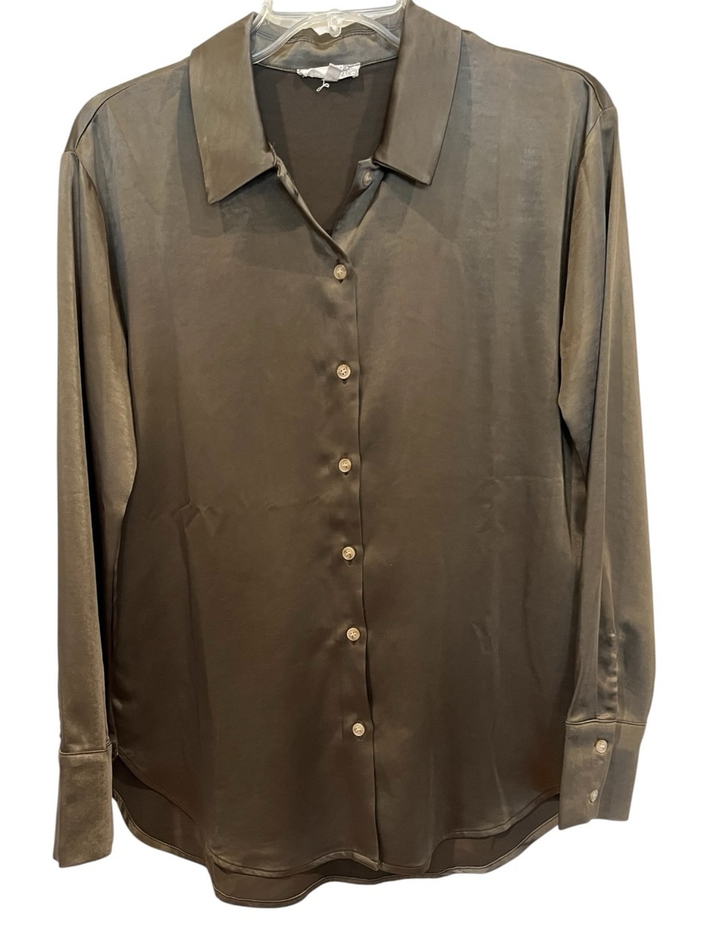 Mystree Olive Brown silky Satin Button-Up Shirt relaxed size small
